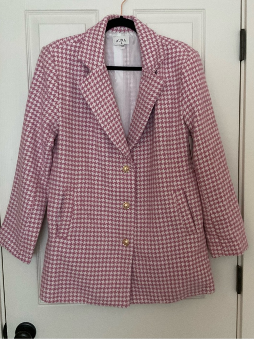 Aura Pink & White Houndstooth Blazer Jacket